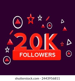20k followers badge lable with red color theme vector design isolated on dark purple background 