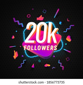 20k followers celebration in social media vector web banner on dark background. Twenty thousand follows 3d Isolated design elements