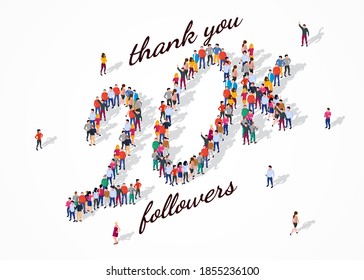 20K Followers. Group of business people are gathered together in the shape of 20000 word, for web page, banner, presentation, social media, Crowd of little people. Teamwork.