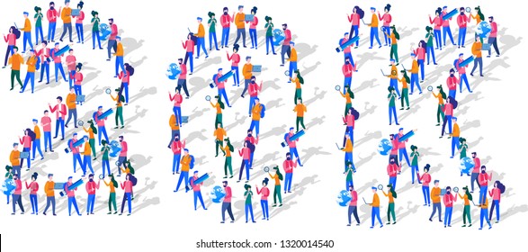 20K Followers Isometric Vector Concept, Group of business people are gathered together in the shape of 20000 word, for web page, banner, presentation, social media, Crowd of little people. teamwork