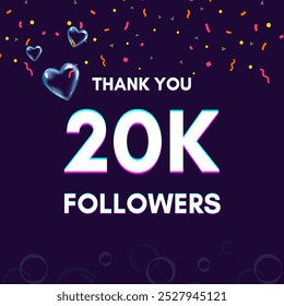 Plantilla de texto "20k followers" para dar las gracias después de lograr el hito en los sitios de redes sociales.
