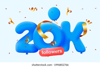 20K followers thank you 3d blue balloons and colorful confetti. Vector illustration 3d numbers for social media 20000 followers, Thanks followers, blogger celebrates subscribers, likes