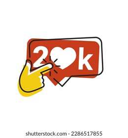 20k icon likes. 20k counter notification icon. Follower. Button, ui, web. 20000 social media likes. Hand click finger icon vector