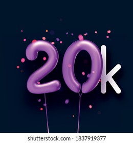 20k sign violet balloons with threads on black background with lights confetti. Vector festive illustration.