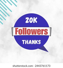 20k thankyou follower label badge with blue, red and white color theme. Vector greeting art work isolated on a white background.