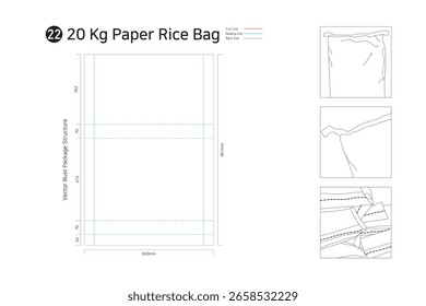 Embalaje de arroz de 20 kg. Las partes superior e inferior son empaques de zona adhesiva de un solo lado que se terminan con costura y se utilizan para empaques de granos o fertilizantes.