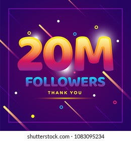 20m or 20000000 followers thank you colorful background and glitters. Illustration for Social Network friends, followers, Web user Thank you celebrate of subscribers or followers and likes