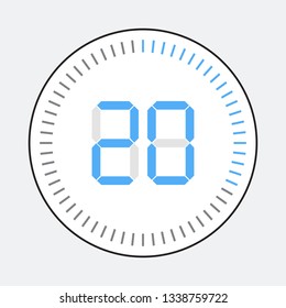 The 20minut, stopwatch vector icon, digital timer. Vector digital count down circle board with circle time pie diagram. Watch outline style design, designed for web and app.