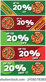 20OFF, pack with 5 discount coupons for purchasing pizzas, colors green and red. 20 percent OFF