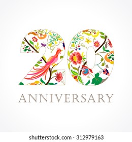 20s years old luxurious celebrating folk logo. Template colored 20 th happy anniversary greetings, ethnics flowers, plants, paradise birds. Set of traditional vintage colorful congratulations of love.