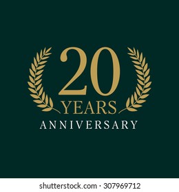 20s years old luxurious logo. Anniversary year of 20 th vector gold colored template framed of palms. Greetings ages celebrates. Celebrating laurel branches. 2 nd place symbol of victory and success
