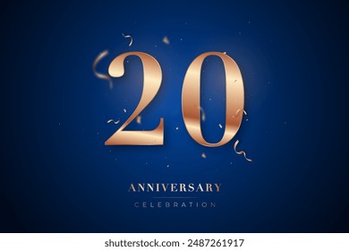 Tarjeta de felicitación de la celebración del 20 aniversario. Oro rosa metalizado Número 20 con confeti brillante sobre fondo azul oscuro. Plantilla de diseño para la decoración de eventos de cumpleaños o fiesta de bodas.