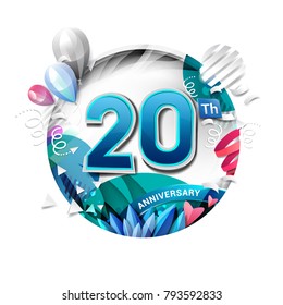 20th anniversary background with balloon and confetti on white. 3D paper style illustration. Poster or brochure template. Vector illustration.
