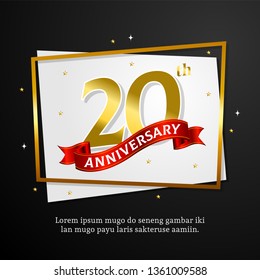 20th anniversary background vector design. number with ribbon and golden frame on paper template.
