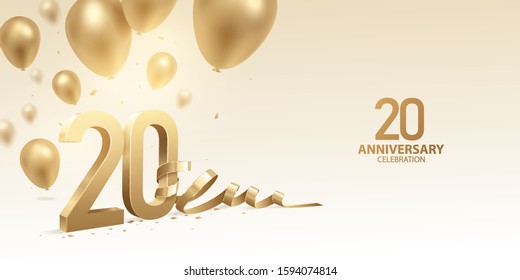 20th Anniversary celebration background. 3D Golden numbers with bent ribbon, confetti and balloons.
