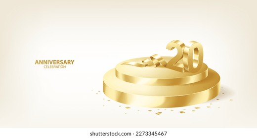 20. Jubiläumsfeier Hintergrund. 3D Goldene Zahlen auf zweifachem, goldenen Podium mit Konfetti.
