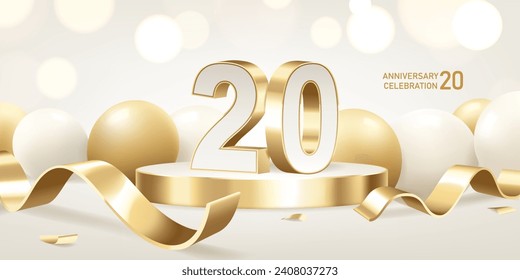 20th Anniversary celebration background. Golden 3D numbers on round podium with golden ribbons and balloons with bokeh lights in background.
