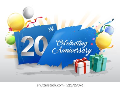 20th anniversary celebration with colorful confetti and balloon on blue background with shiny elements. design template for your birthday party.