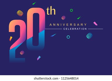 20th anniversary celebration with colorful design, modern style with ribbon and colorful confetti isolated on dark background, for birthday celebration
