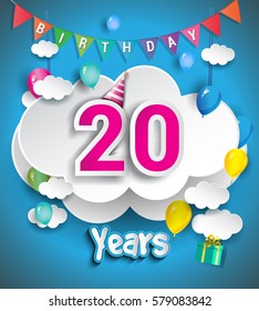 20th Anniversary Celebration Design, with clouds and balloons, confetti. Vector template elements for your, twenty years birthday celebration party.