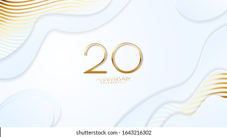 20th anniversary celebration. Golden number with realistic fluid white background. Realistic 3D sign modern elegant can be used for a company or wedding. editable design vector EPS 10.