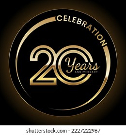 20th Anniversary Celebration. Anniversary logo design with double line style and gold color ring for celebration event, wedding, invitation, greeting card. Vector illustration