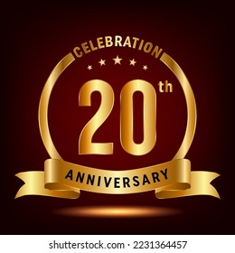 20th Anniversary Celebration. Anniversary Celebration Logo Design with Golden Ring and Ribbon, Vector Template Illustration
