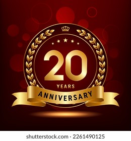 20th Anniversary Celebration. Anniversary logo design with golden color laurel wreath for birthday celebration event, invitation, greeting card, banner, poster, flyer, flyer. Logo Vector Template