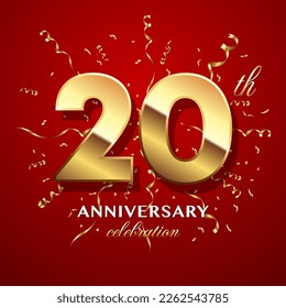 20th Anniversary Celebration. logo design with golden numbers and text for birthday celebration event, invitation, wedding, greeting card, banner, poster, flyer, brochure. Logo Vector Template