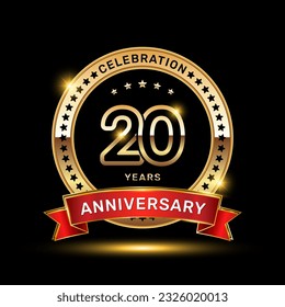 20th anniversary celebration logo design with golden color emblem style and red ribbon, vector template