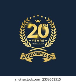 20th anniversary celebration logo design with decorative ribbon or banner. 20-year anniversary celebration logo concept 