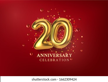 20th Anniversary celebration. Number in the form of golden balloons. Realistic 3d gold numbers and sparkling confetti, glitters. Horizontal template for Birthday or wedding event. Vector illustration