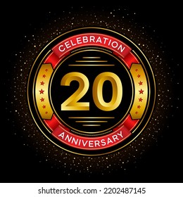 20th anniversary celebration with red ribbon isolated on black background, vector design