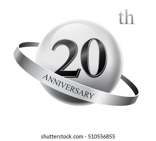 20th anniversary celebration with silver ring on white isolated background