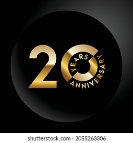 20º aniversario, celebración del aniversario diseño vectorial con color dorado sobre fondo geométrico negro y forma de círculo.
