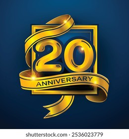 20th Anniversary diseña una cinta dorada envuelta alrededor del número '20' sobre un fondo azul oscuro. Perfecto para celebrar hitos o promover eventos de aniversario con un lujo.