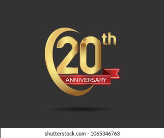 20th anniversary design logotype golden color with swoosh ring and red ribbon for celebration isolated on dark background