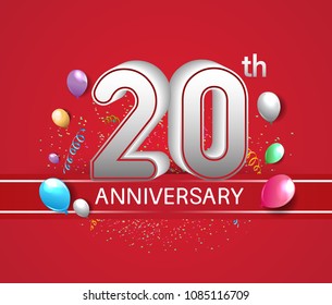20th anniversary design red background with balloons and confetti for company celebration event 