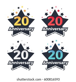 20th anniversary festive emblem set in 4 colors. Trendy vector design