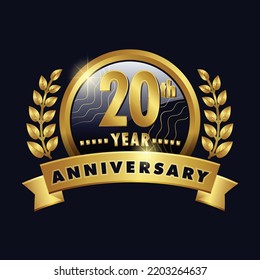 20th Anniversary Golden Logo Twentieth Years Badge With Number Twenty Ribbon, Laurel Wreath Vector Design