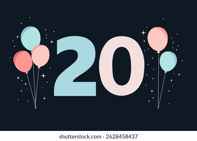 20th anniversary greeting card with balloons. Flat minimalistic vector illustration.