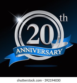 20th anniversary logo with blue ribbon and silver ring, vector template for birthday celebration.