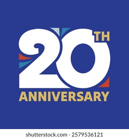 20th anniversary logo with bold modern font and celebration elements. 20 years wedding anniversary banner, poster, template design. Birthday, jubilee party greeting card. Blue background.