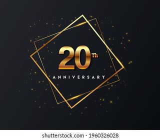 20th anniversary logo with confetti and golden frame isolated on black background, vector design for greeting card and invitation card.