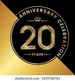20th Anniversary. logo design with golden numbers and text for birthday celebration event, invitation, wedding, greeting card, banner, poster, flyer, brochure. Logo Vector Template
