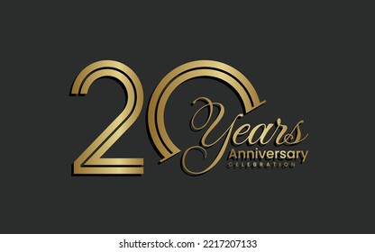 Diseño del logo del 20 aniversario. Logotipo de 20 años de celebración del aniversario en color oro para celebración de evento, invitación, saludo, plantilla web, volante, banner, logotipo de doble línea, ilustración vectorial