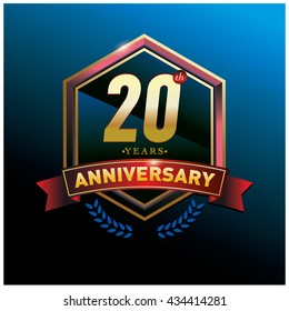 20th anniversary logo with gold ring and red ribbon. Anniversary signs illustration. Gold anniversary logo design and illustration