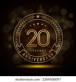 20th anniversary logo with golden laurel wreath and double line numbers, template design for anniversary celebration event, double line style vector design