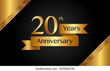 Logo del 20º aniversario con cinta de oro para folletos, volantes, revistas, afiches de folletos, banners, web, invitaciones o tarjetas de felicitación. Ilustraciones vectoriales.