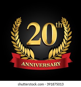 20th anniversary logo with red ribbon and golden laurel wreath, vector template for birthday celebration.